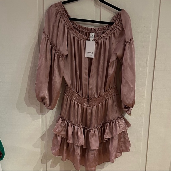 Misa Los Angeles Romi Off-the-Shoulder Tiered Ruffle Mini Dress in Mauve Size M - Picture 2 of 5